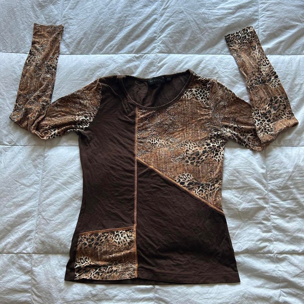 Brown Mixed-Print Long Sleeve Women's Top